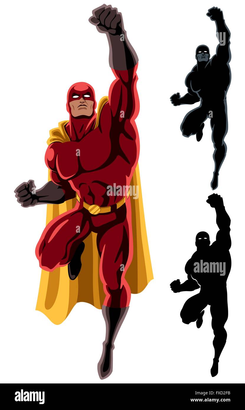 Flying superhero over white background. 2 additional silhouette versions. No transparency and gradients used. Stock Vector