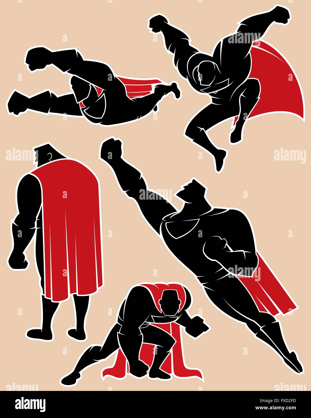 Superhero silhouette in 5 different poses. No transparency and gradients used. See also my previous illustration from the series Stock Vector