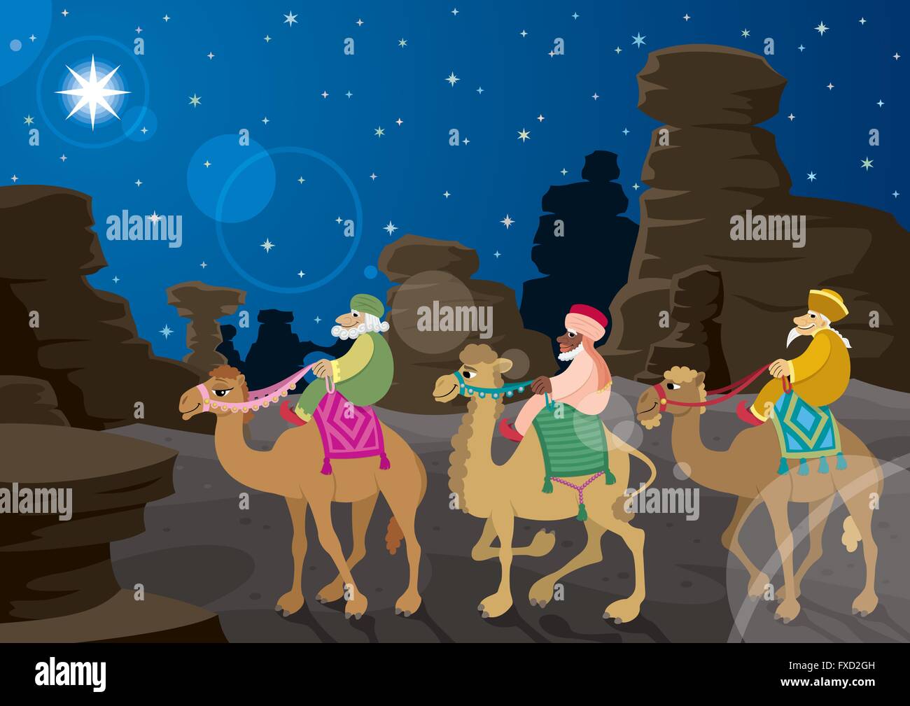 The three wise mеn on their camels following the Star of Bethlehem across the desert. Stock Vector