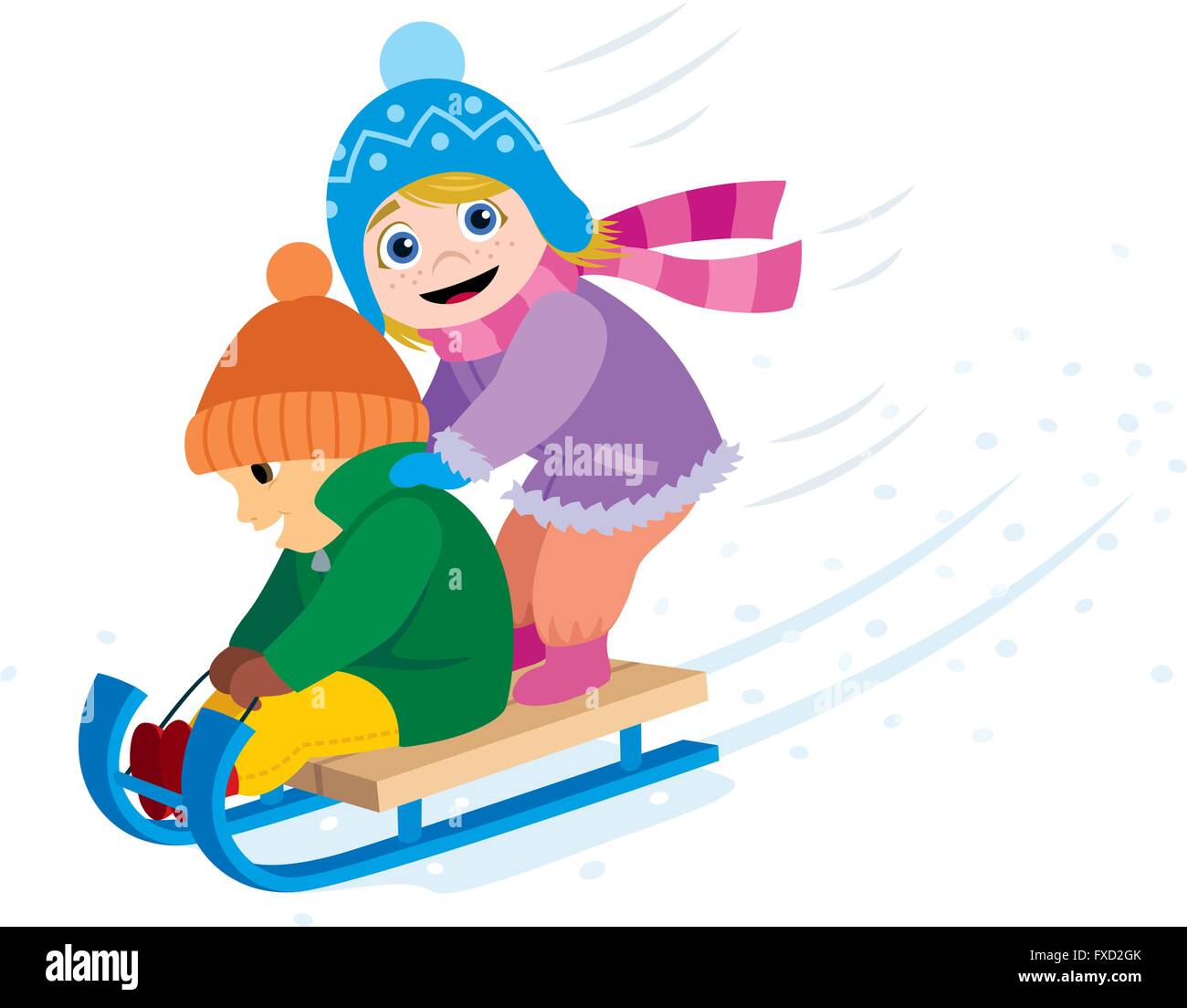 2 kids having fun with a sled. Stock Vector