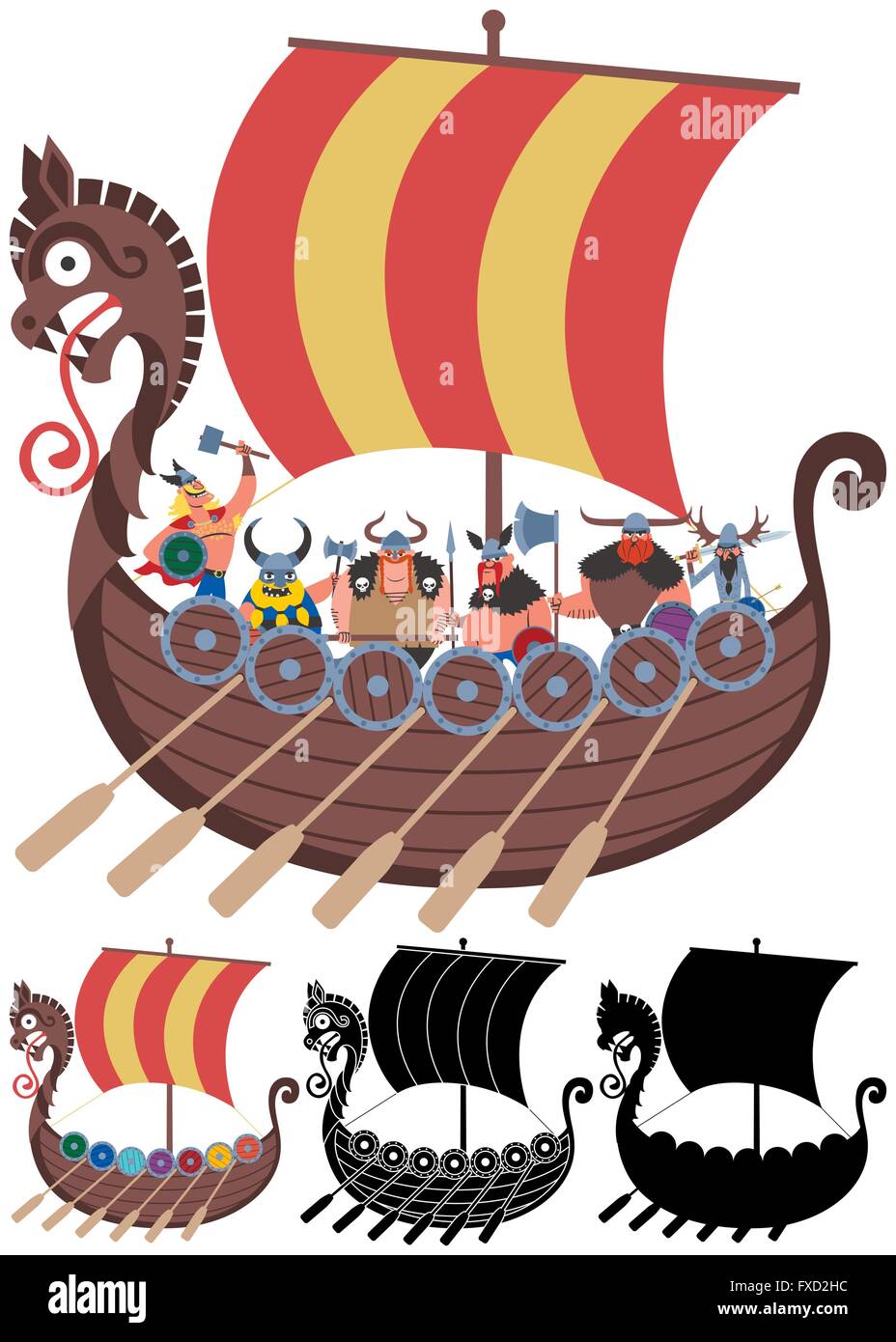 Cartoon Viking ship in 4 versions. No transparency and gradients used. Stock Vector