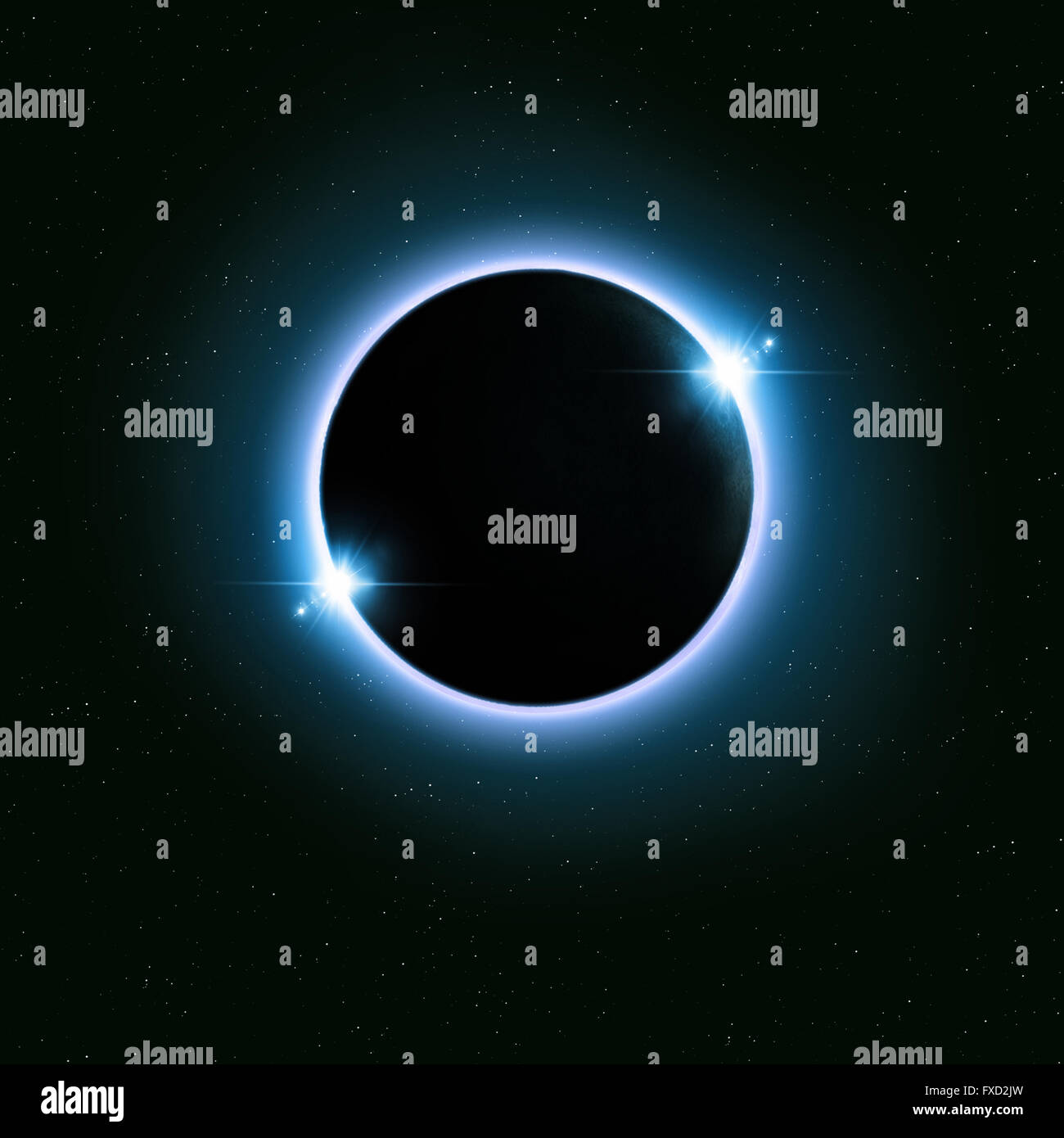 imaginary blue space solar eclipse with stars and lights Stock Photo