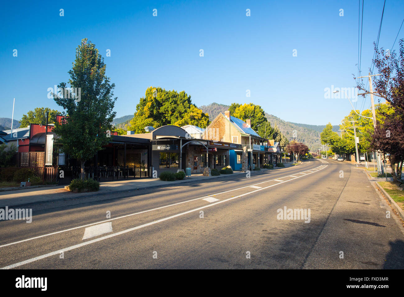 The country town of Bright early on a cool autumn morning along the Great Alpine Rd in Victoria, Australia Stock Photo