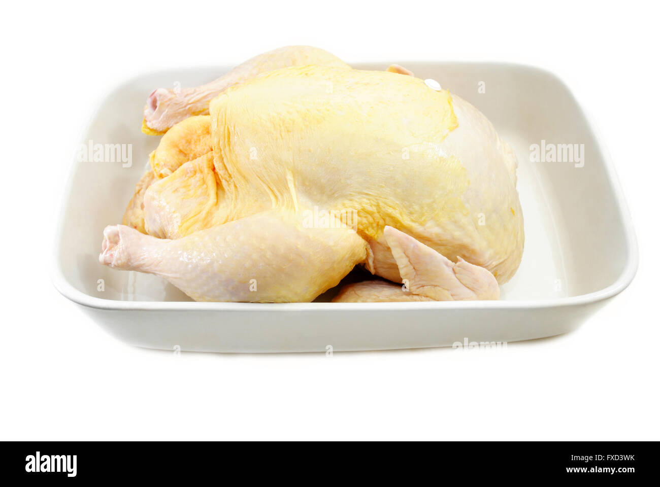 Whole Turkey in a White Roasting Pan Stock Photo