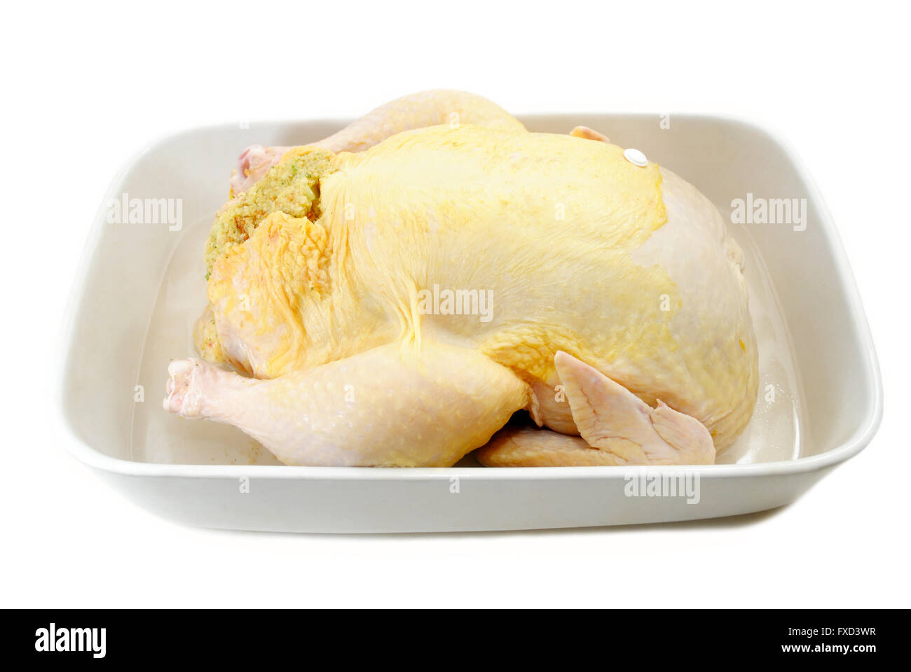 Stuffed Whole CHicken in a White Roasting Pan Stock Photo