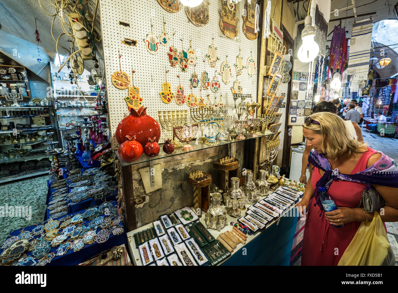 Souvenir shop at renovated Old Town Cardo Street main street of ancient Jerusalem, Israel