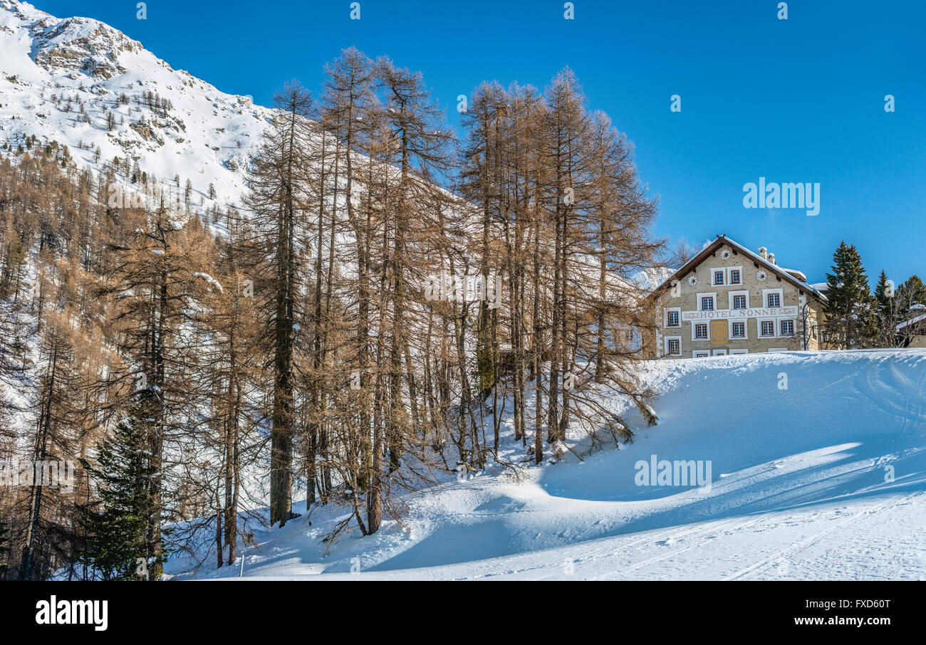 Hotel Sonne at the Fex Valley in Winter, Engadine, Grisons, Switzerland Stock Photo