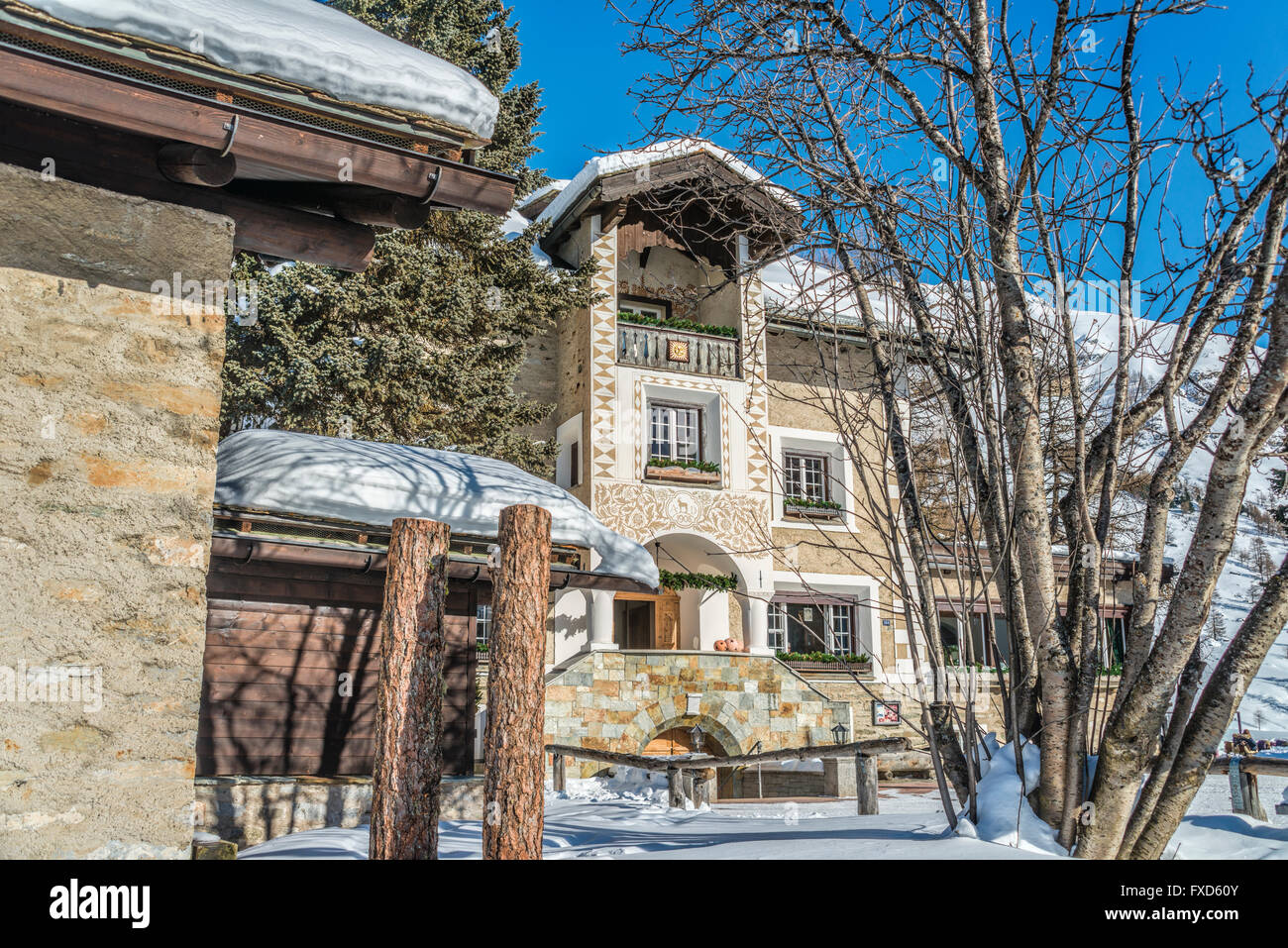 Hotel Sonne at the Fex Valley in Winter, Engadine, Grisons, Switzerland Stock Photo