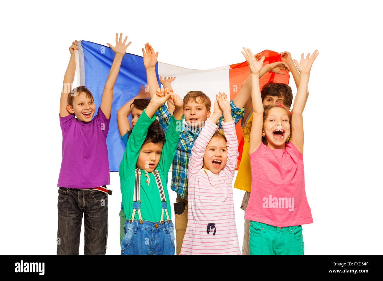 Group of seven kids smiling and waving French flag Stock Photo