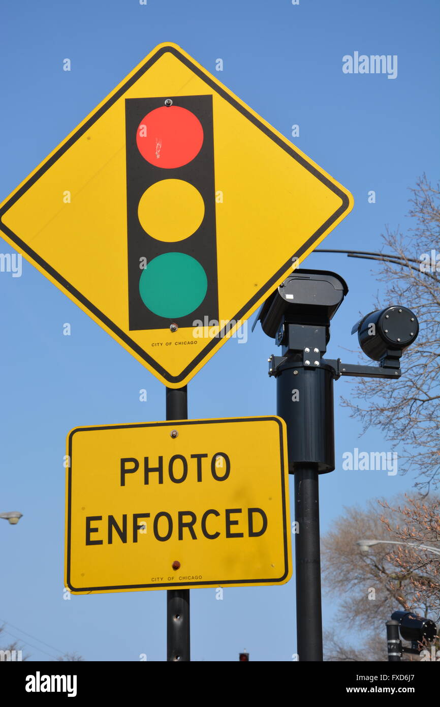 A red light camera on Irving Park Rd. and Clark St. in the Chicago Lake View neighborhood. Stock Photo