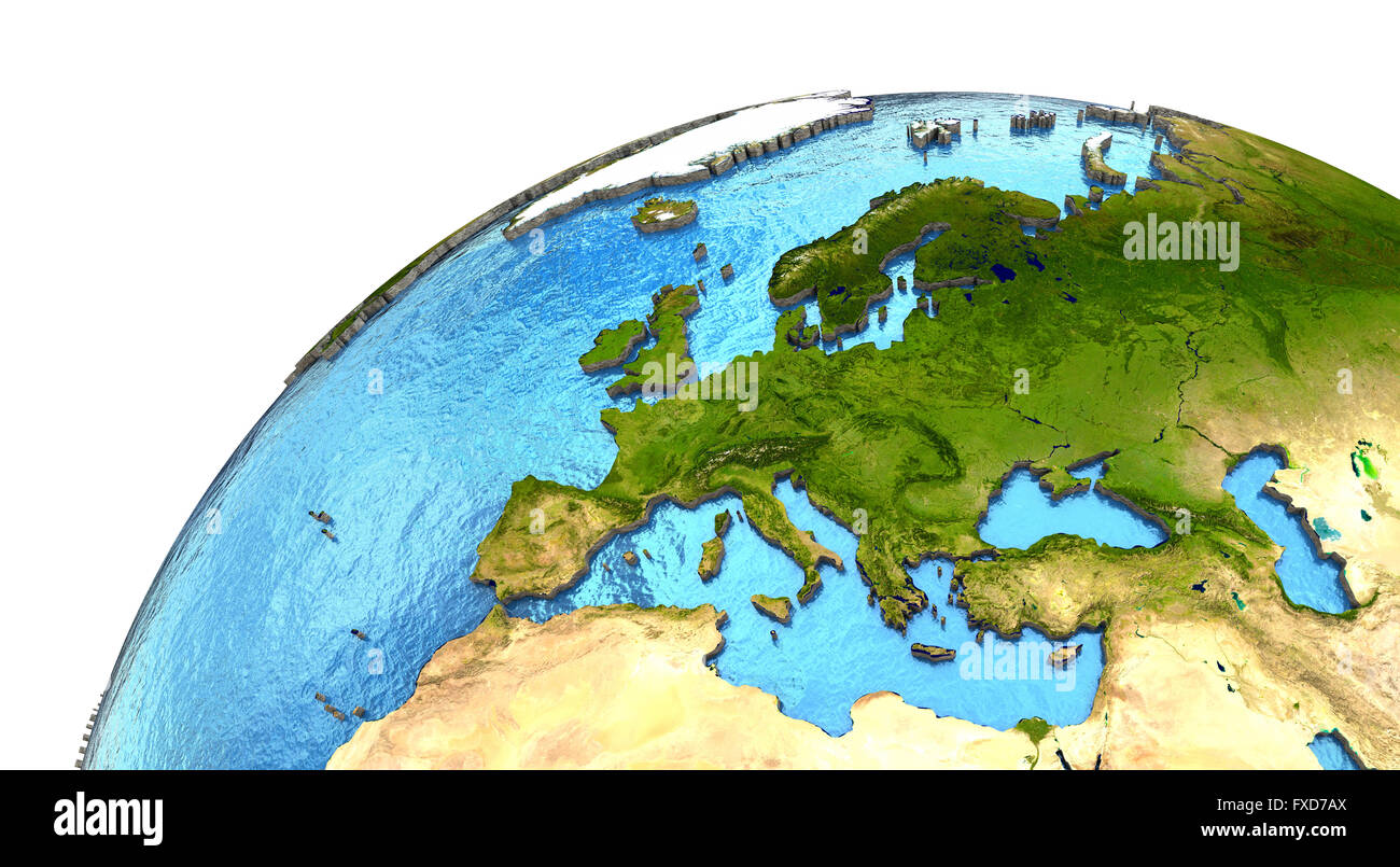 Europe on detailed model of planet Earth with continents lifted above ...