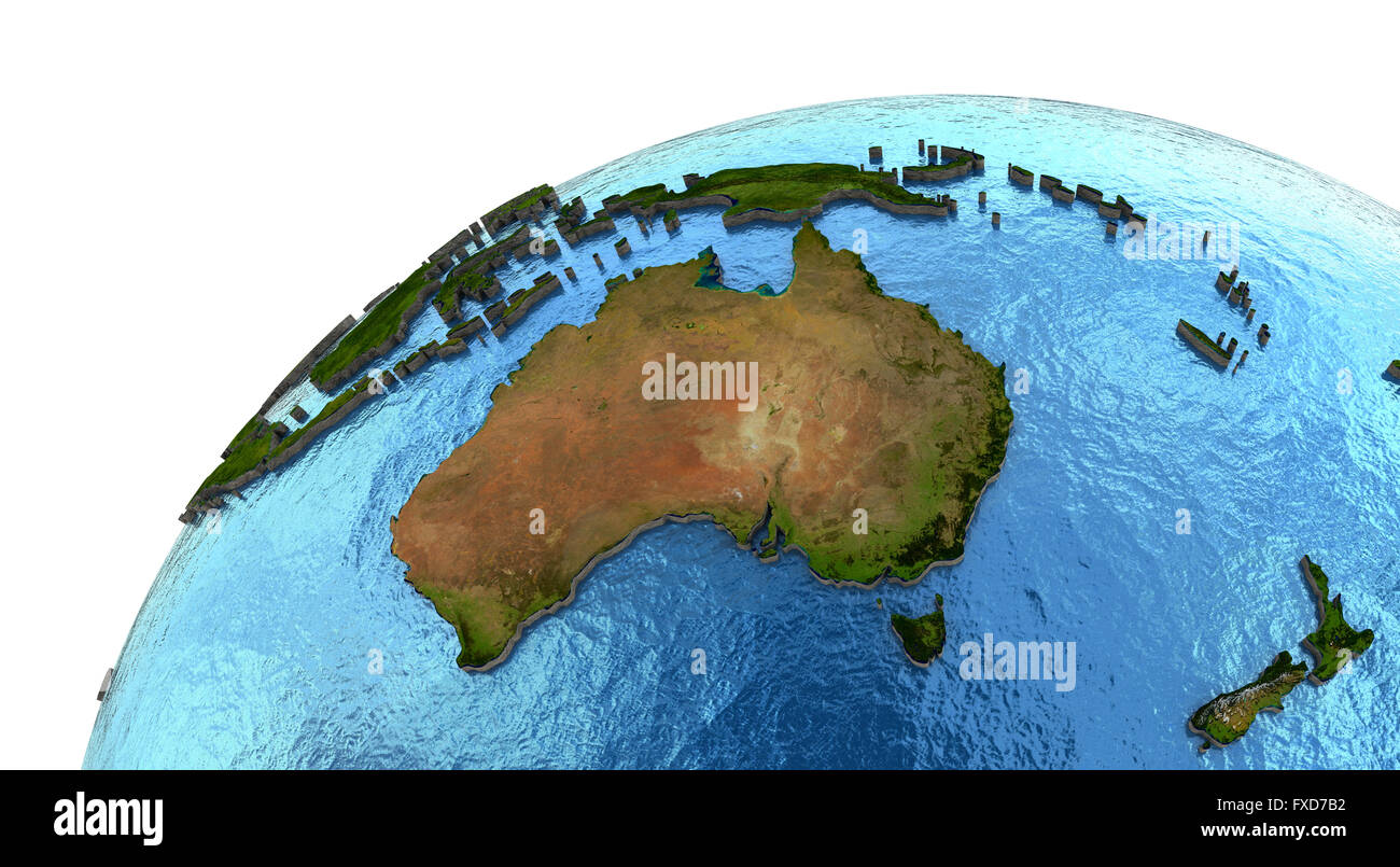Australia on detailed model of planet Earth with continents lifted ...