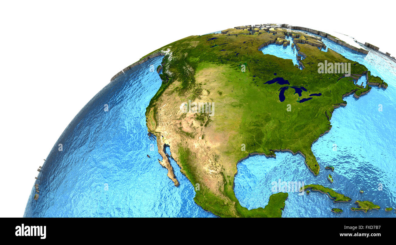 North America on detailed model of planet Earth with continents lifted ...