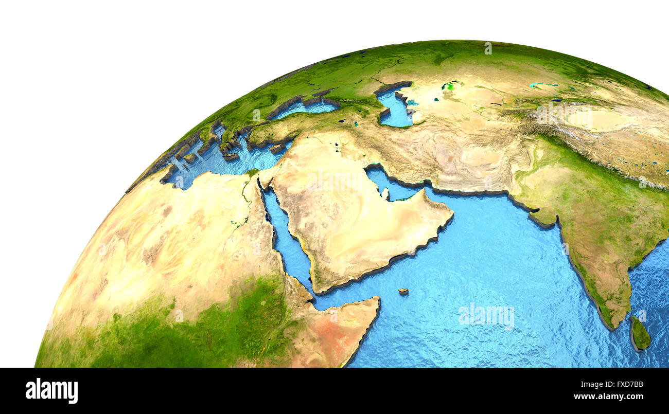 Middle East region on detailed model of planet Earth with continents ...