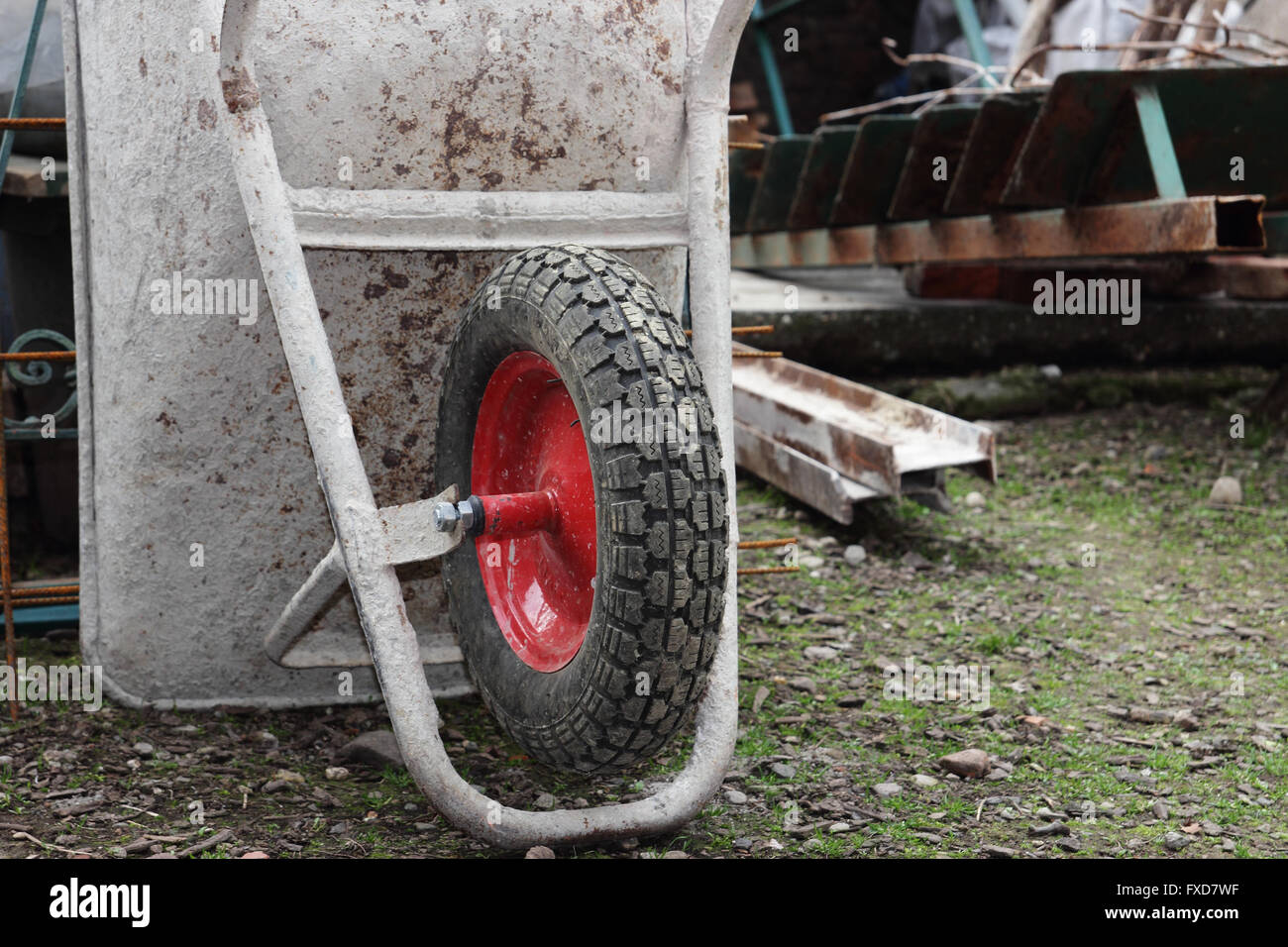 construction yard tools and materials, wheelbarrow close up Stock Photo