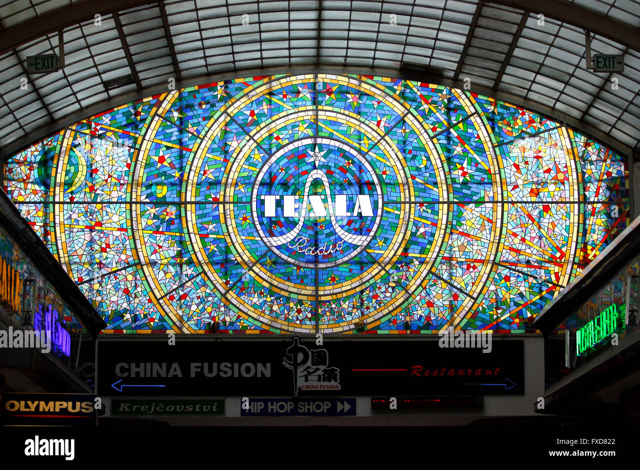 Tesla Radio stained glass advertisement in Prague Stock Photo - Alamy