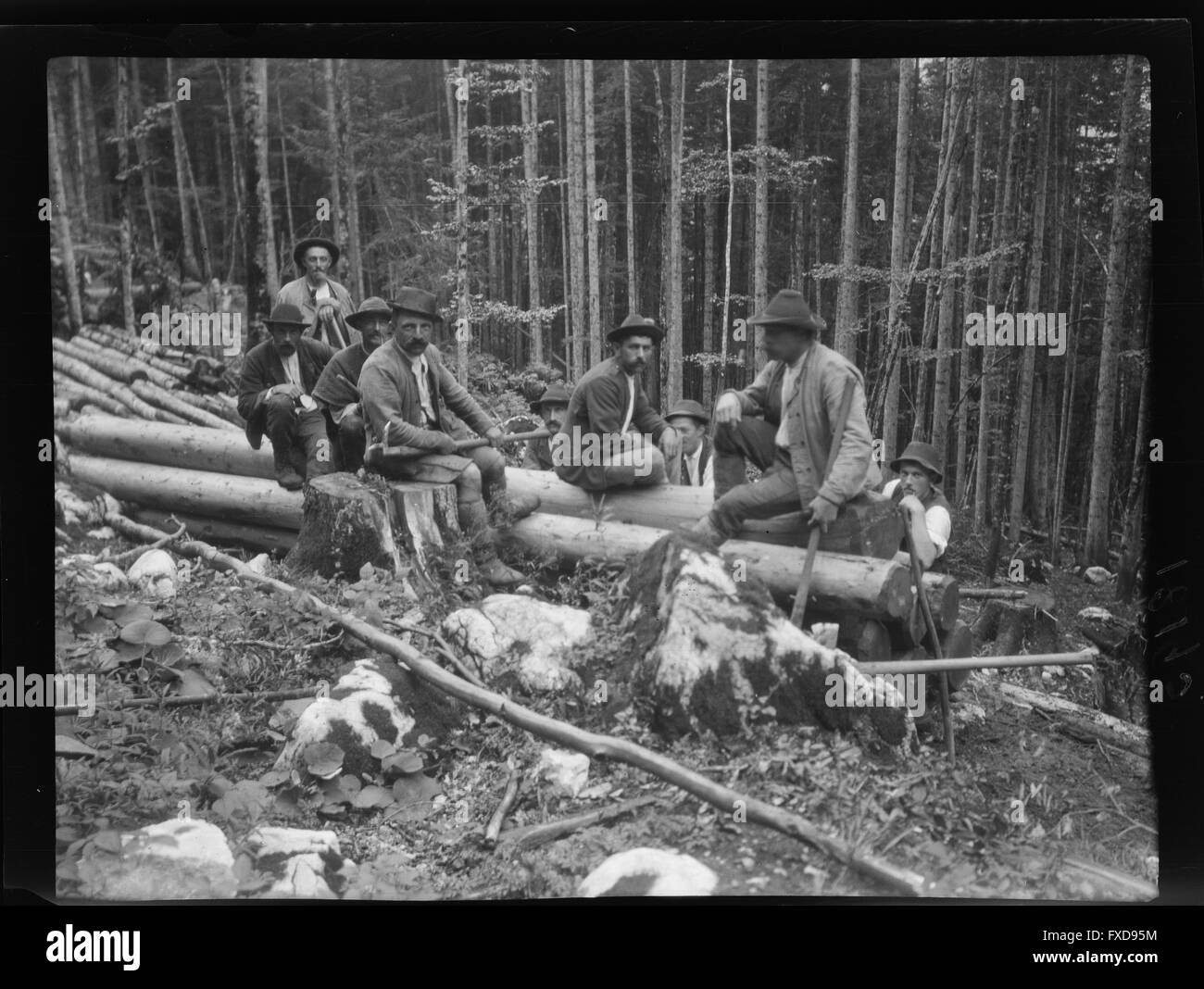 Holzknechte bei der Rast im Wald in Gößl am Grundlsee Stock Photo