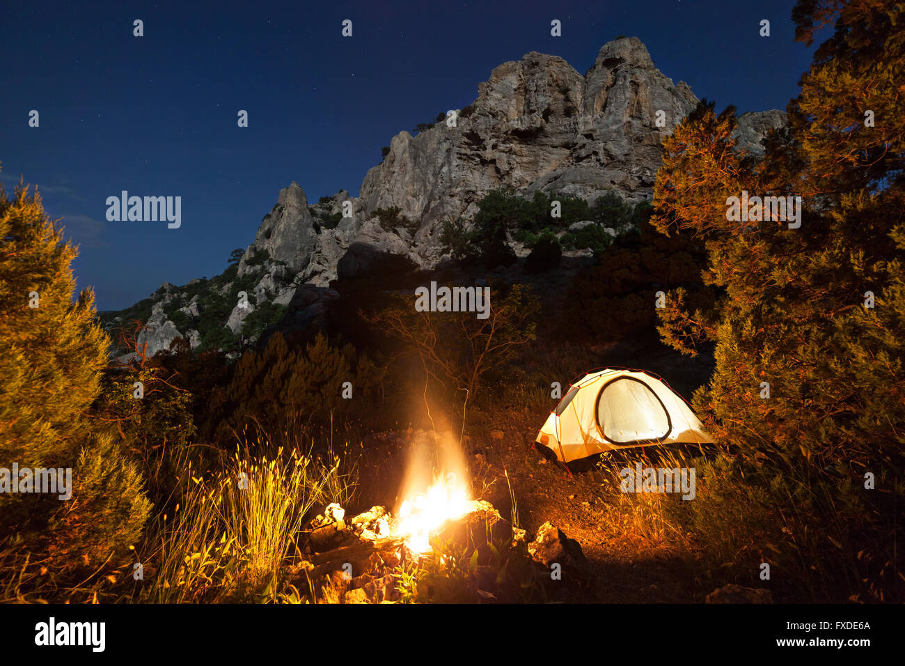 Camping at night Stock Photo