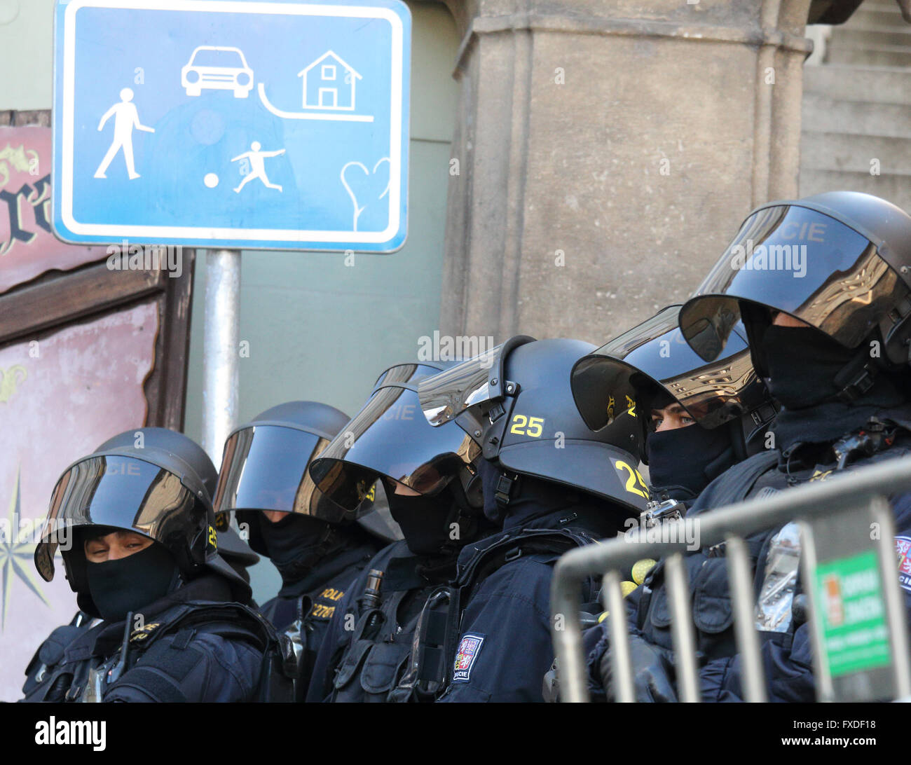Riot police in Prague, Czech Republic, monitoring protest rally in support of Tibet that coincided with a visit by President Xi Stock Photo
