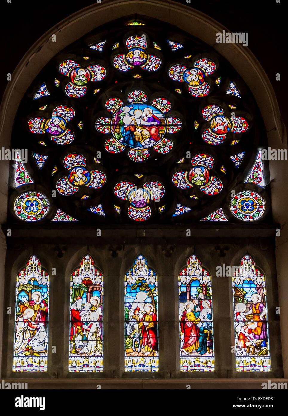The Southern Rose Window in the Church of The Immaculate Conception, Clonakilty, West Cork, Ireland. Stock Photo