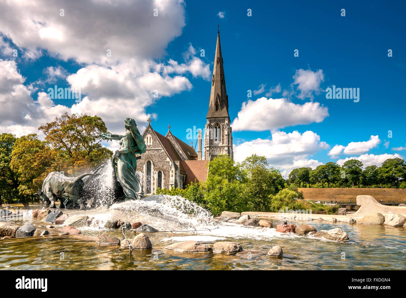 Sankt Alban Church, Gefion, Fountain, Denmark, Scandinavia Stock Photo