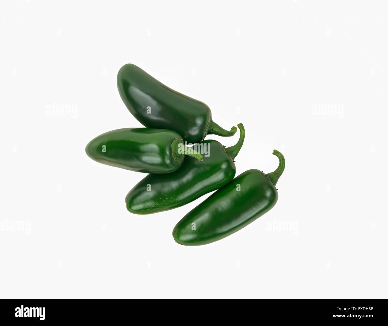 Four Green Spicy Jalapeno Peppers Stacked and Isolated on White. Stock Photo