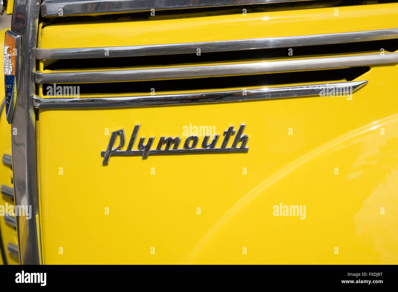 Close Up Of The Chrysler Plymouth Logo On A Vintage Nineteen Thirties Plymouth Automobile Stock Photo