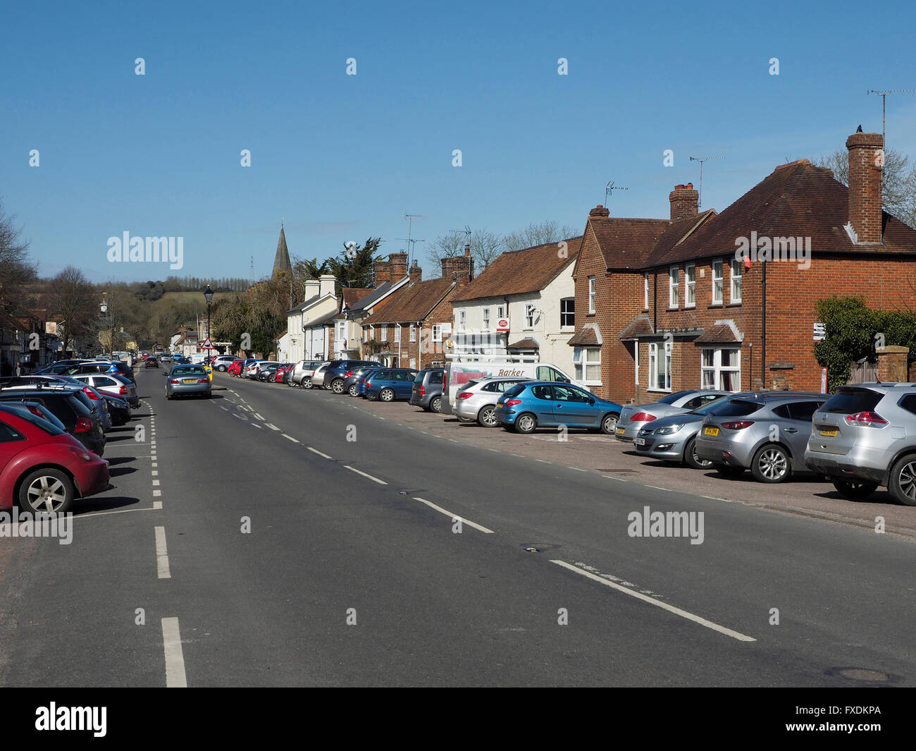 Looking north along the High Street of the pretty Test valley town of Stockbridge in Hampshire. Stock Photo
