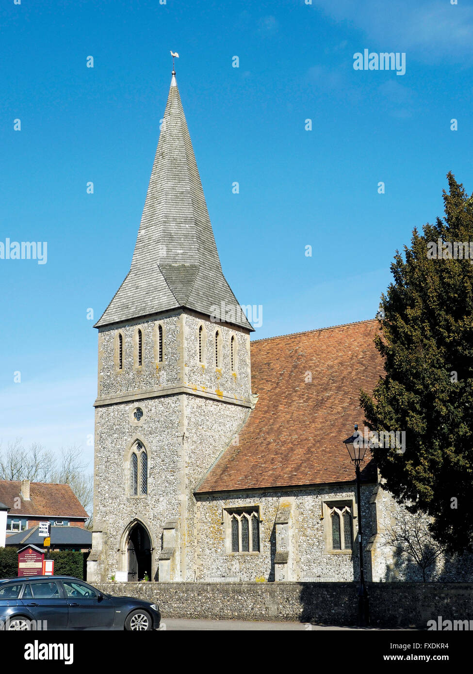 The Victorian church of St Peter in the centre of the pretty Test valley town of Stockbridge in Hampshire Stock Photo