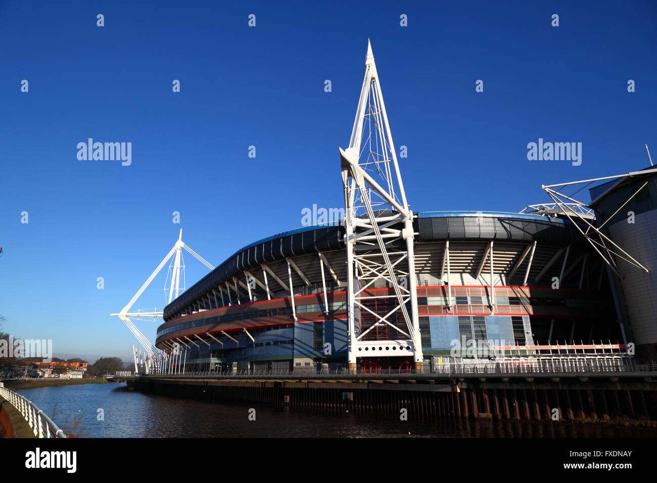 View of Millennium / Principality Stadium and River Taff, Cardiff, South Glamorgan, Wales, United Kingdom Stock Photo