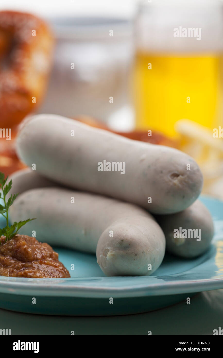bavarian white sausages with mustard Stock Photo