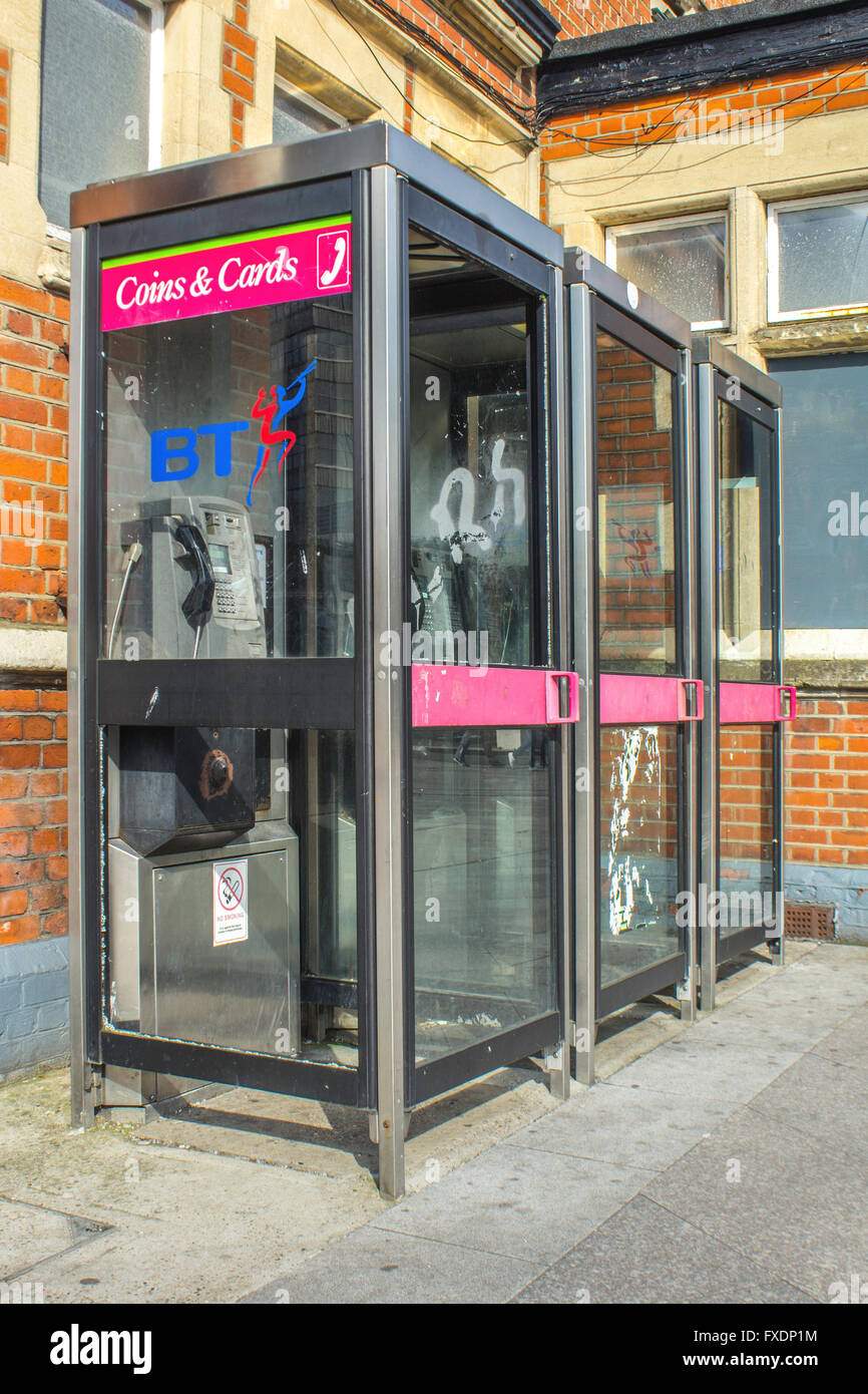 BT phonebox trio outside Southend Station Stock Photo