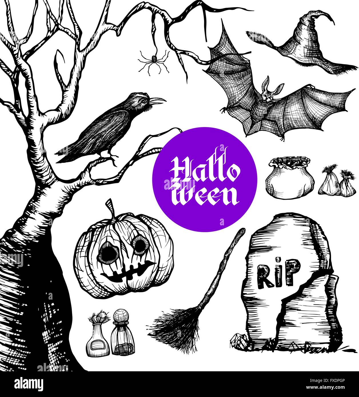 Halloween Hand Drawn Set Stock Vector Image & Art - Alamy