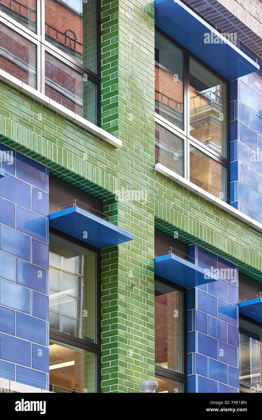 Brickwork, colorful glazed brick and window reveals. 36 Carnaby Street + Carnaby Court, London, United Kingdom. Architect: Rolfe Stock Photo