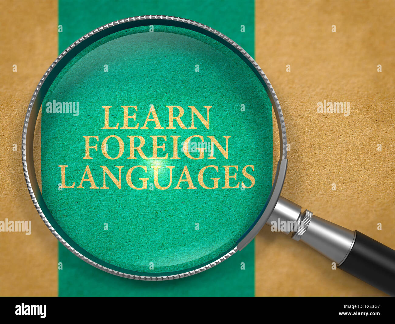 Learn Foreign Languages through Lens on Old Paper. Stock Photo