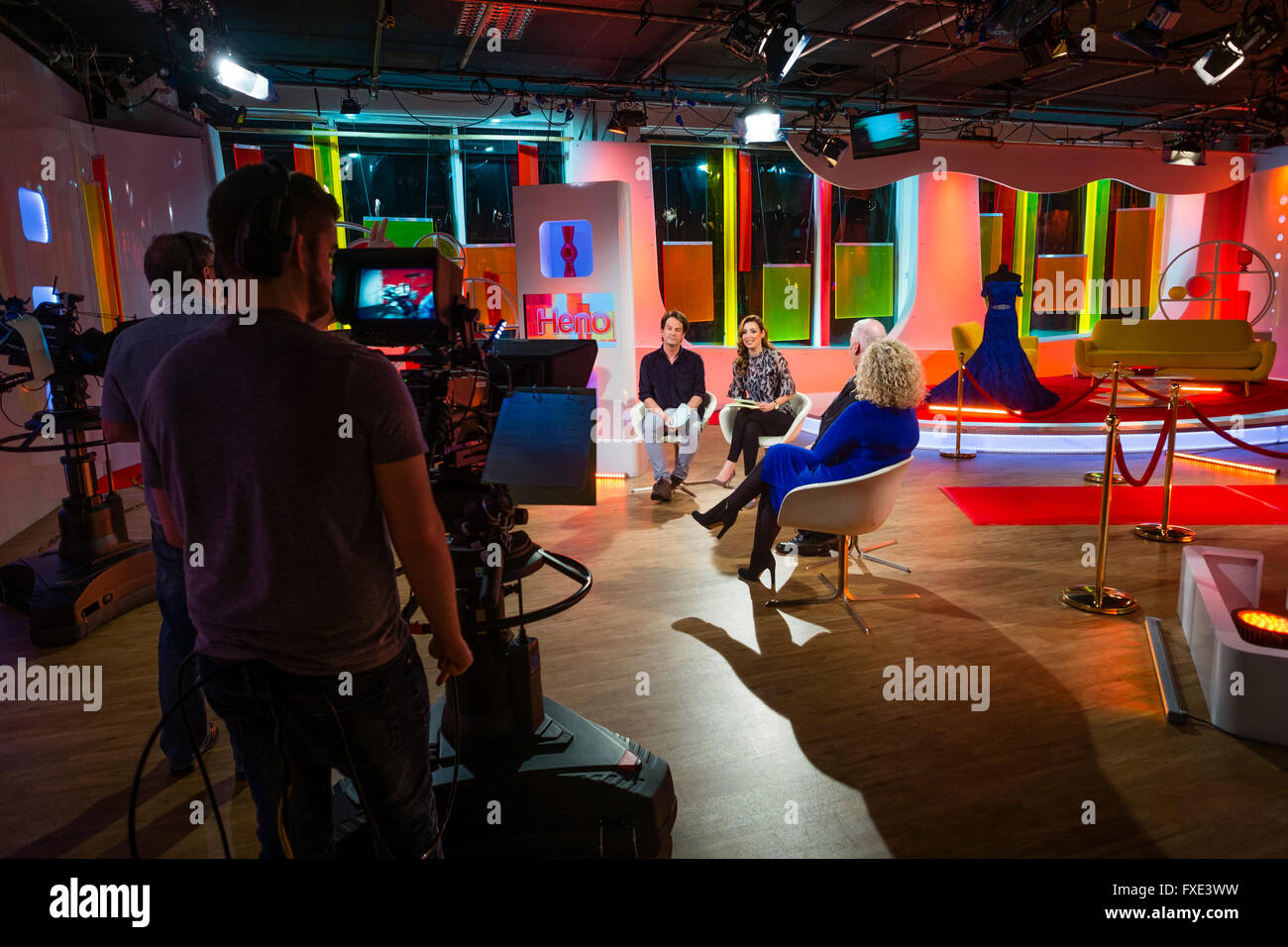 Live television broadcasting: the studios of  Tinopolis / S4C (Channel 4 Wales) in Llanelli, from where the live welsh language  tv magazine programme Prynhawn Da (Good Afternoon)  and Heno (Tonight) are broadcast Stock Photo