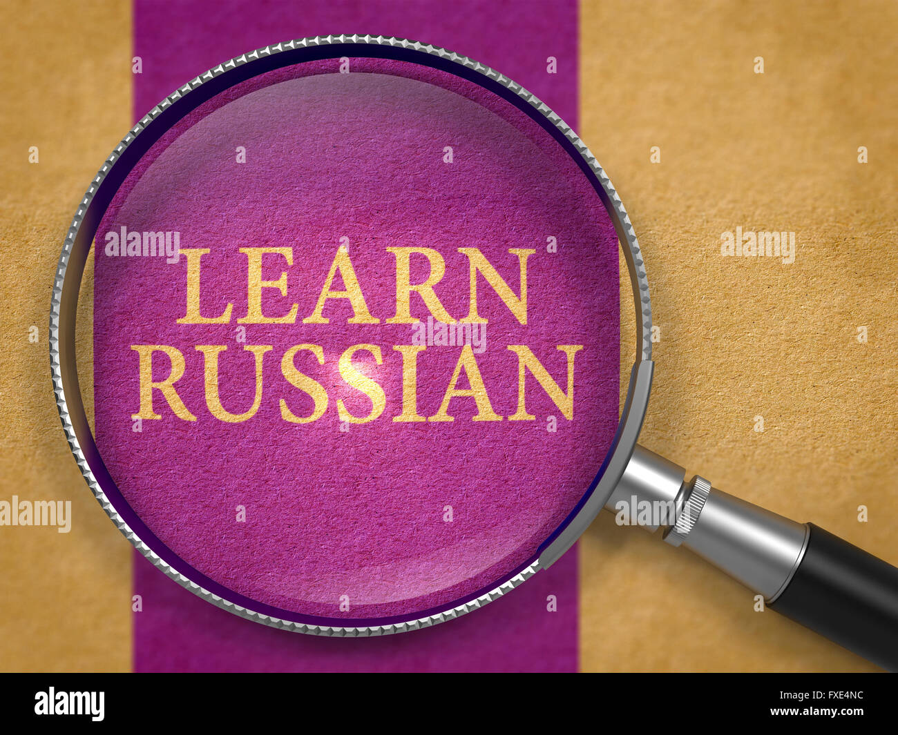 Learn Russian through Magnifying Glass. Stock Photo