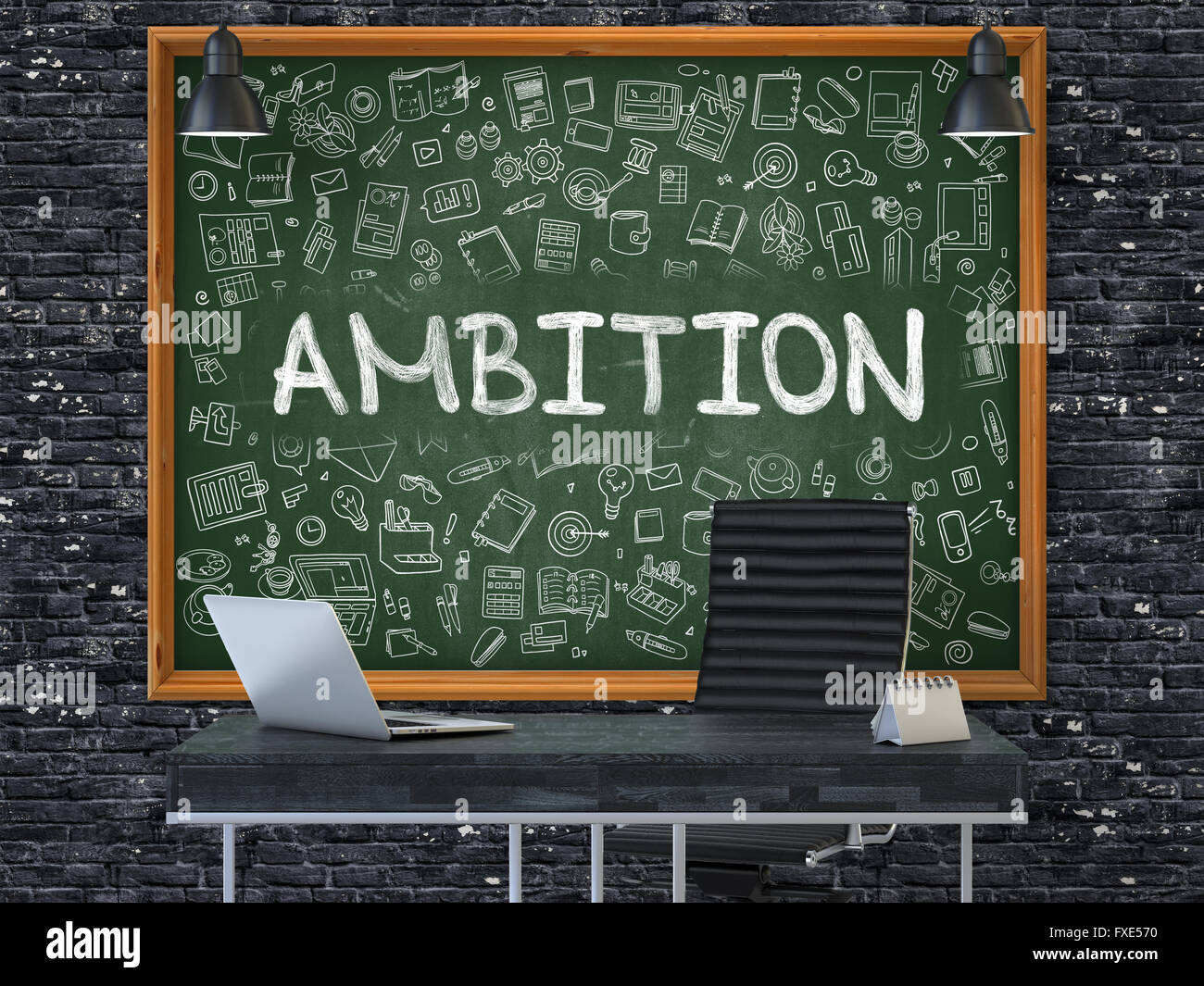 Ambition on Chalkboard with Doodle Icons. Stock Photo