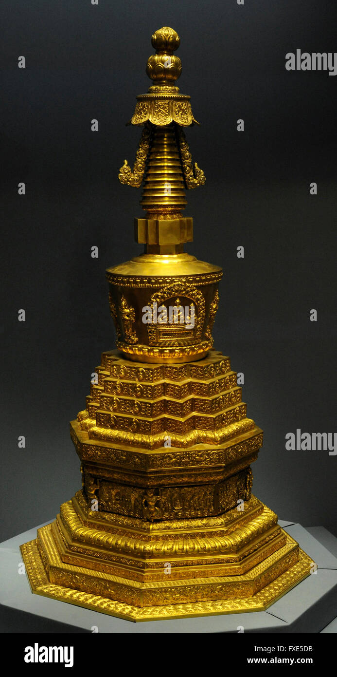 Buddhism. Stupa. Bronze; casting, hammering, gilding, engraving. From China. 18th century. The State Hermitage Museum. Saint Petersburg. Russia. Stock Photo