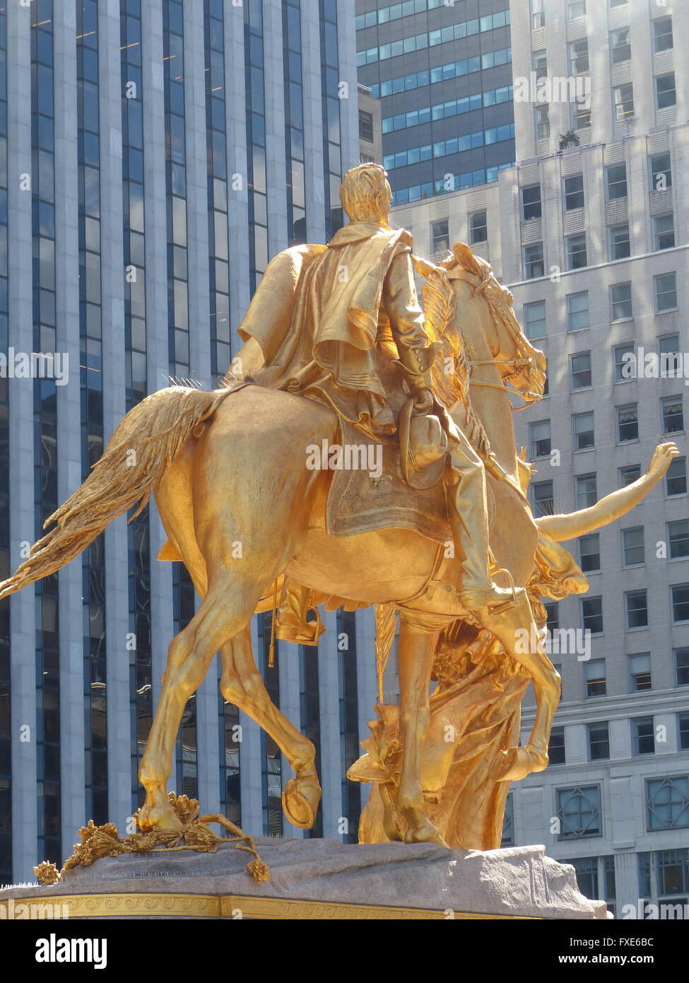 Equestrian statue of General William Tecumseh Sherman, by Augustus Saint Gaudens, at Grand Army Plaza with General Motors Stock Photo