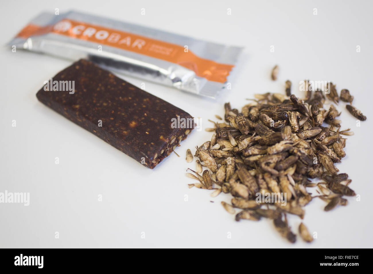 High energy and high protein bars made of insects Stock Photo