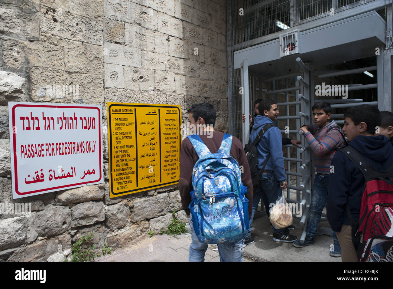 Hebron Palestinian school children at Israeli Army checkpoint Stock Photo