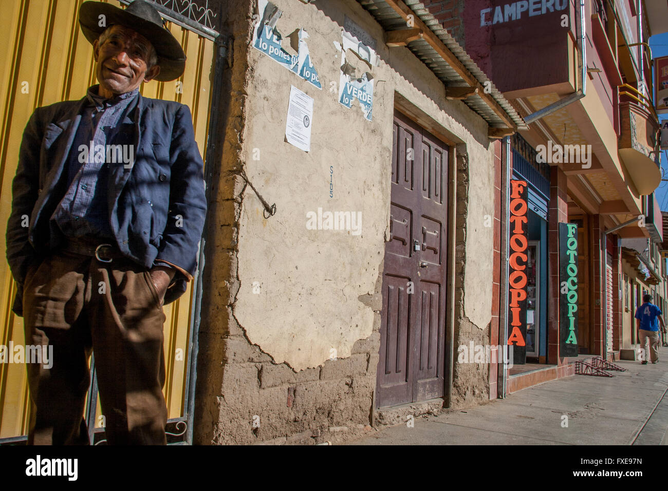 Bolivia, an old man on the city street in typical Bolivian clothes. Stock Photo