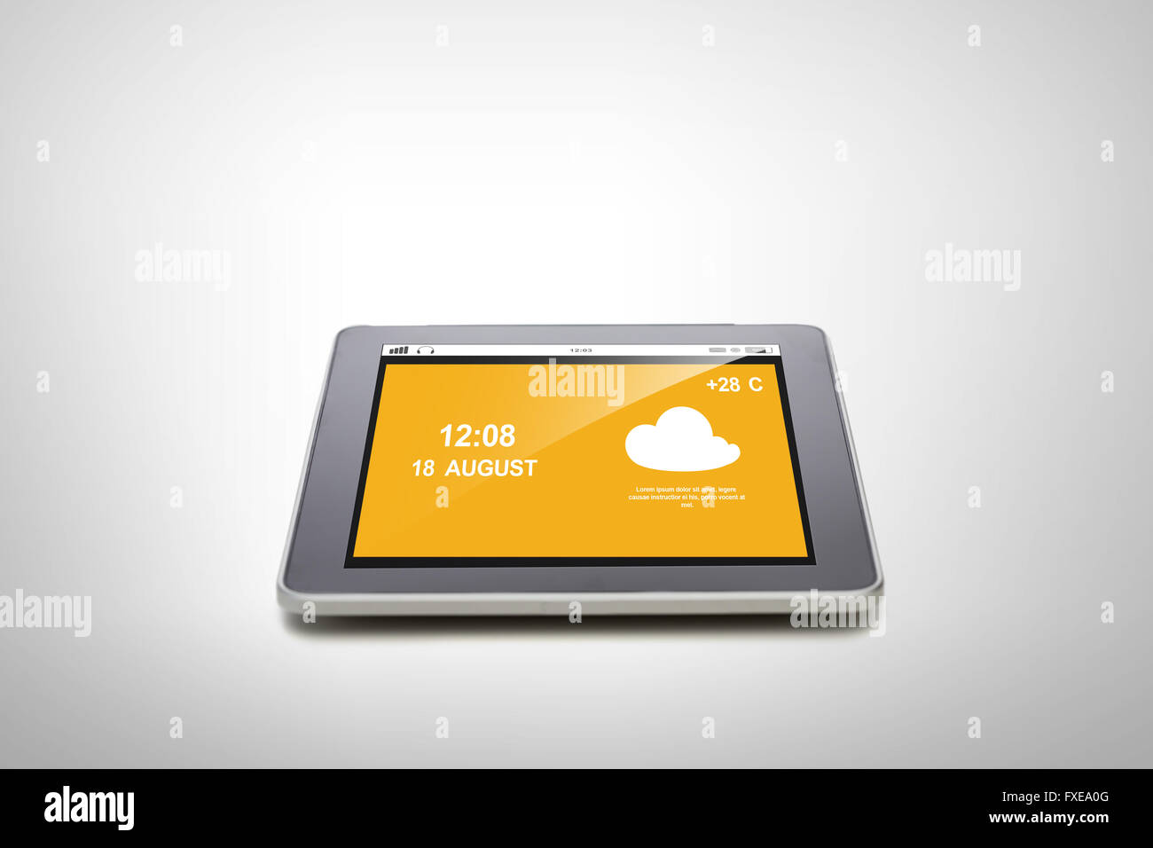 close up of tablet pc with summer hot weather cast Stock Photo