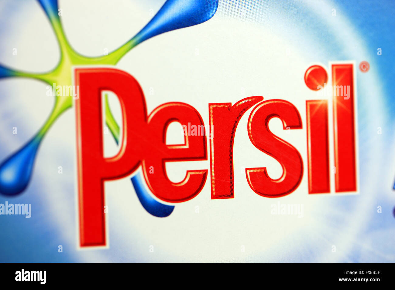 Persil logo closeup of laundry detergent packaging Stock Photo