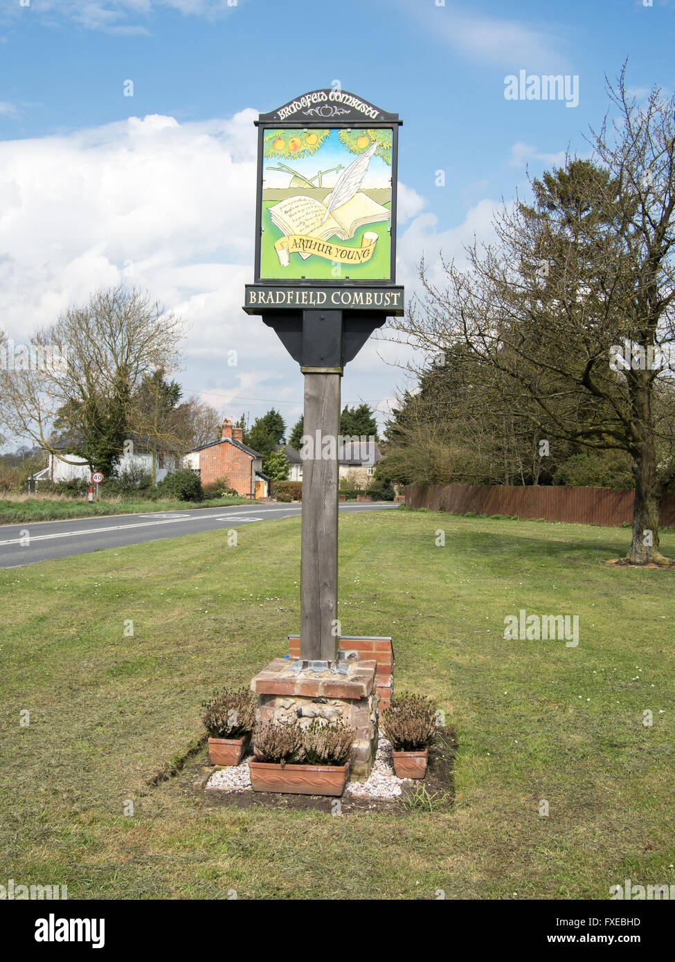 The village sign for Bradfield Combust in Suffolk, England. Stock Photo
