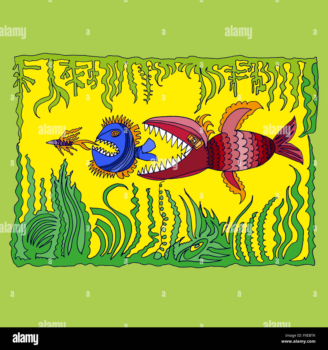 illustration with three fish and water plants Stock Photo - Alamy