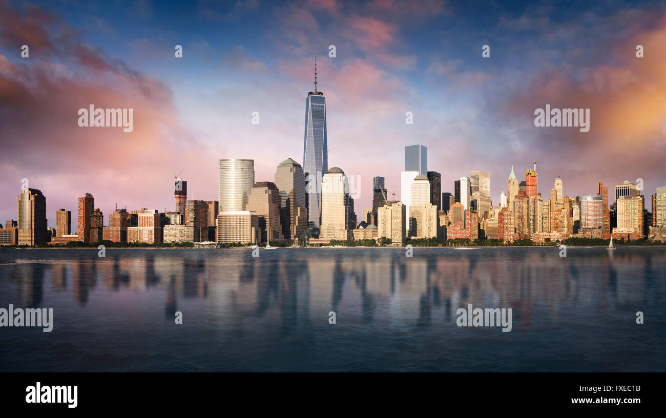 New York City skyline with urban skyscrapers at sunset, USA Stock Photo ...