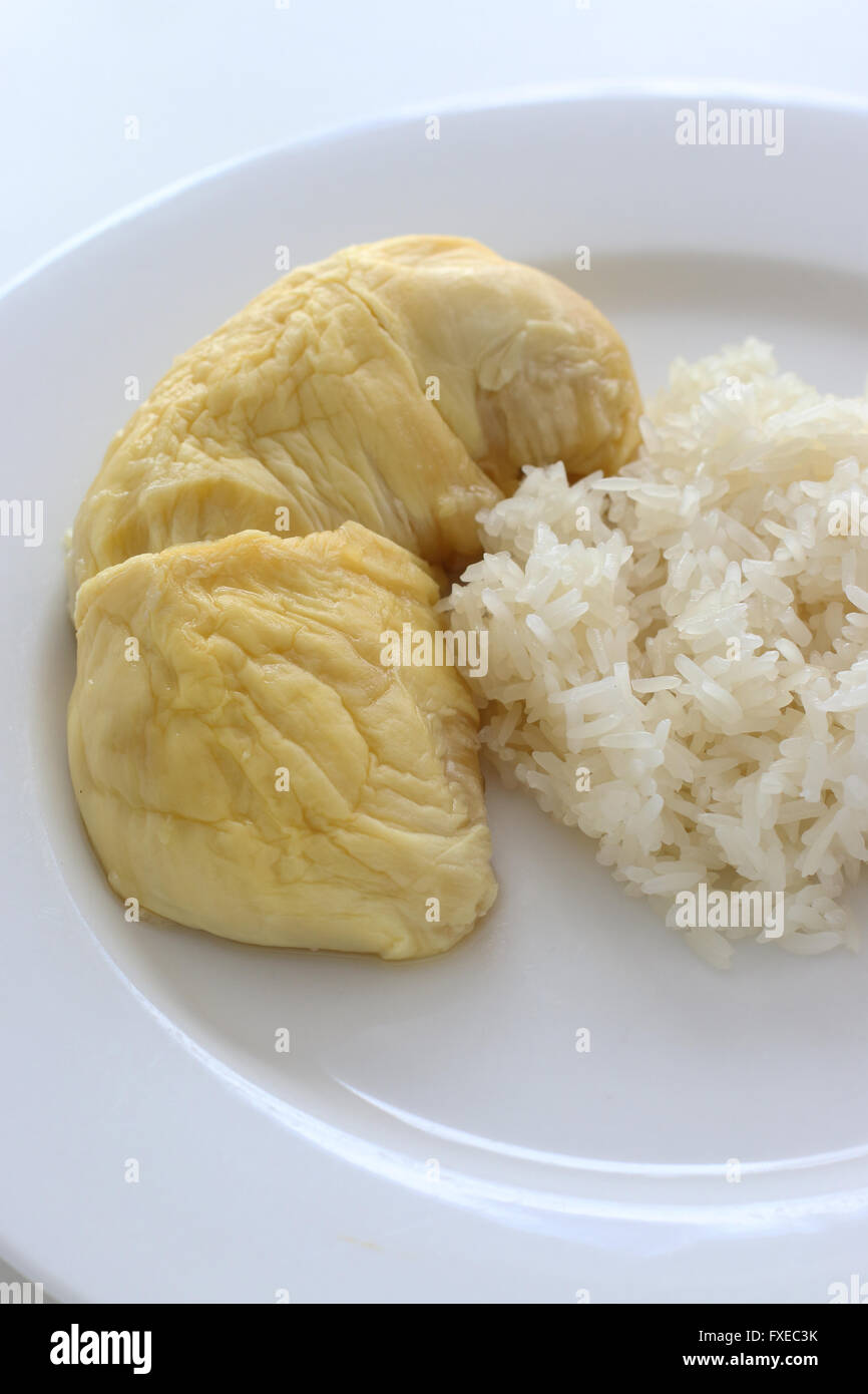 Close up image of Sweet  Glutinous Sticky Rice With Durian Stock Photo