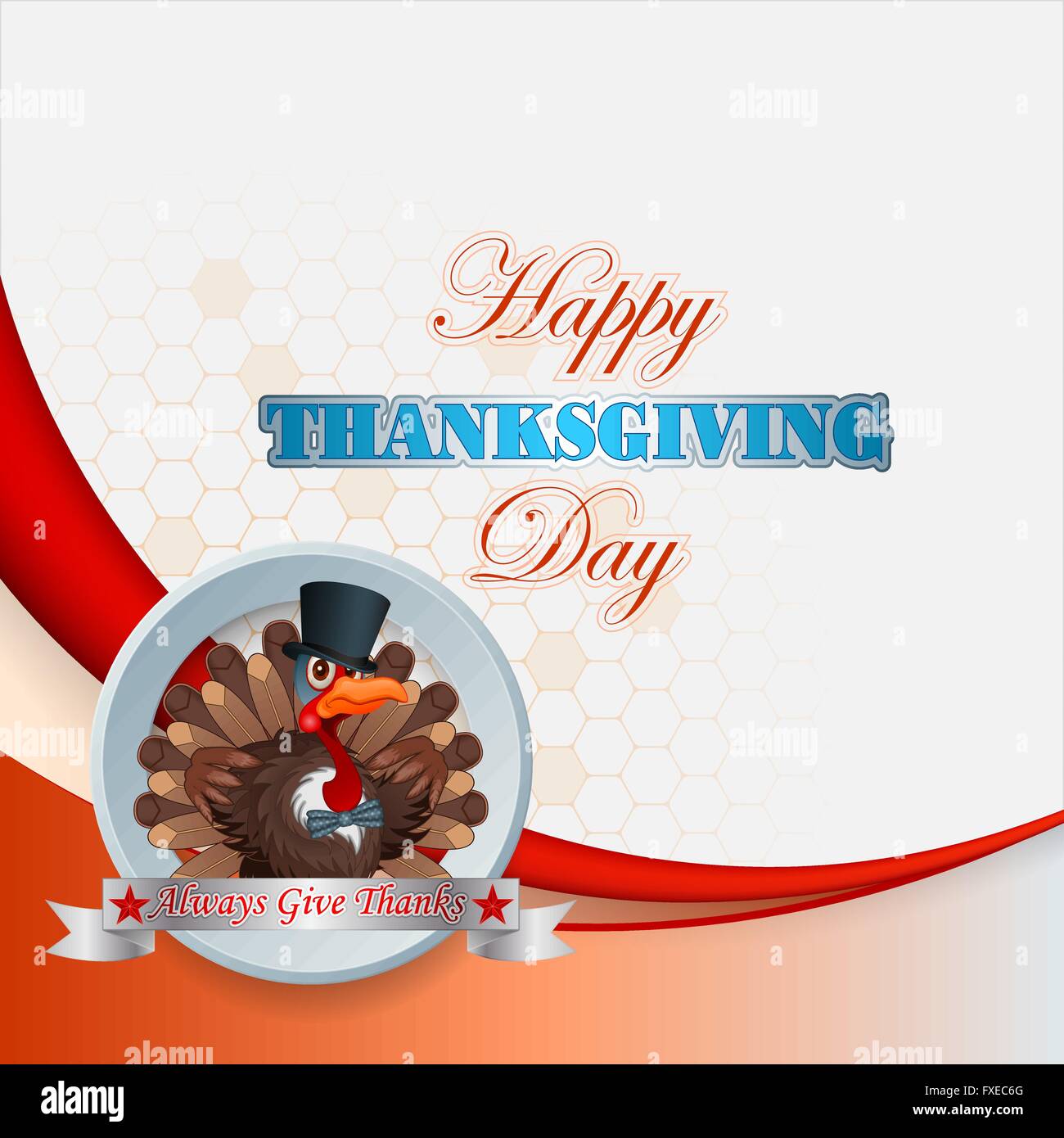 Happy Thanksgiving design with cartoon turkey very proud of his appearance, wearing a top hat and bow tie Stock Vector